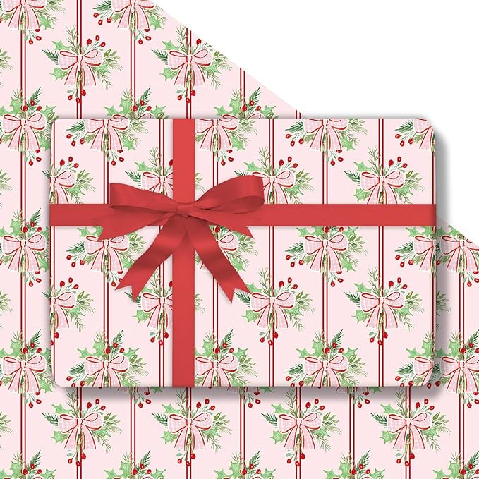 JarThenaAMCS 6 Sheets Christmas Wrapping Paper - Not Roll - Pink Bow Holly Berry Gift Wrap Paper ... | Amazon (US)