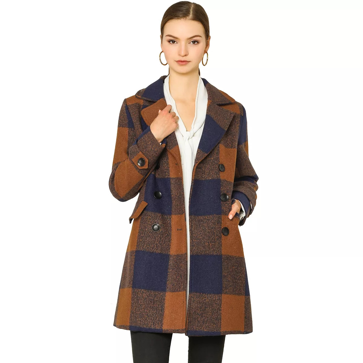 Allegra K Women's Notched Lapel Double Breasted Winter Plaids Overcoat Brown Small | Target