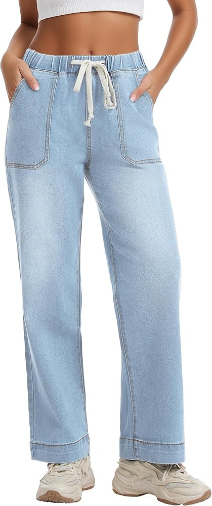 Metietila Pull-on Jeans for Women Straight Leg Elastic Waist Jeans Stretchy Loose High Waisted De... | Amazon (US)