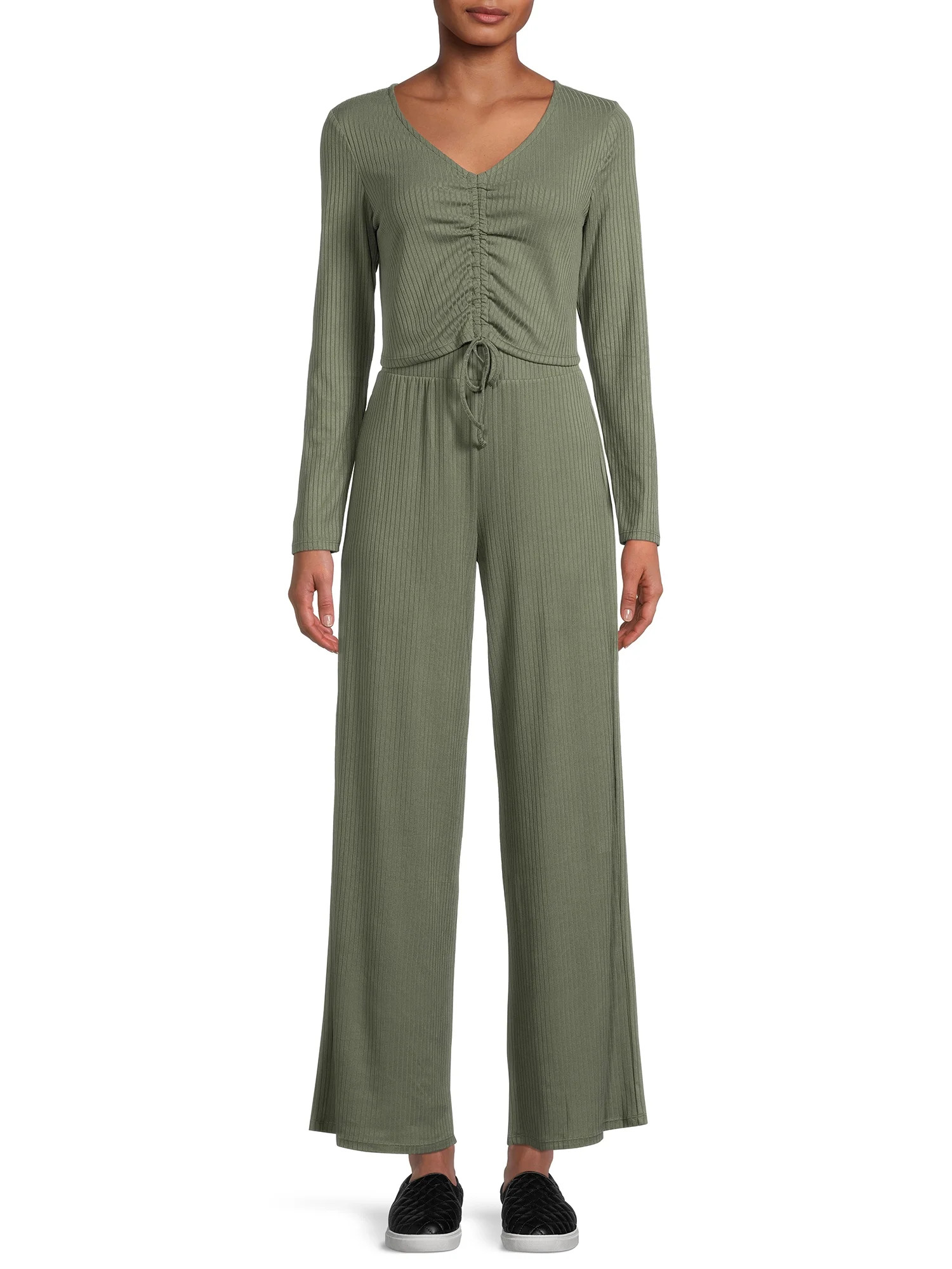 No Boundaries Juniors Ruched Front Top and Wide Leg Pants, 2-Piece Set - Walmart.com | Walmart (US)