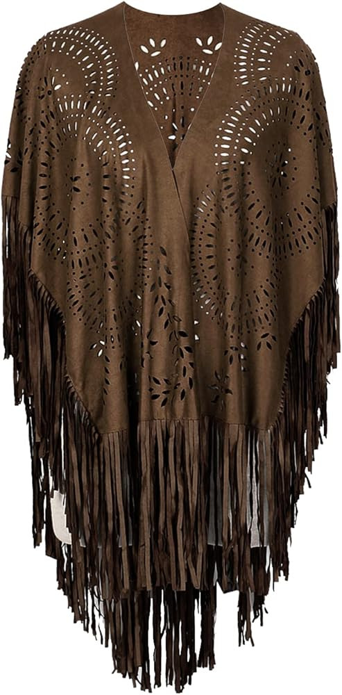CHOiES record your inspired fashion Women's Suedette Cut Out Asymmetric Fringed Cape Kimono Blue ... | Amazon (US)