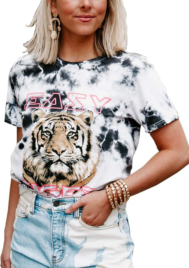 Sofia's Choice Women Tiger Tee Shirt Short Sleeve Tie dye Graphic Round Neck Casual Cute Tops | Amazon (US)