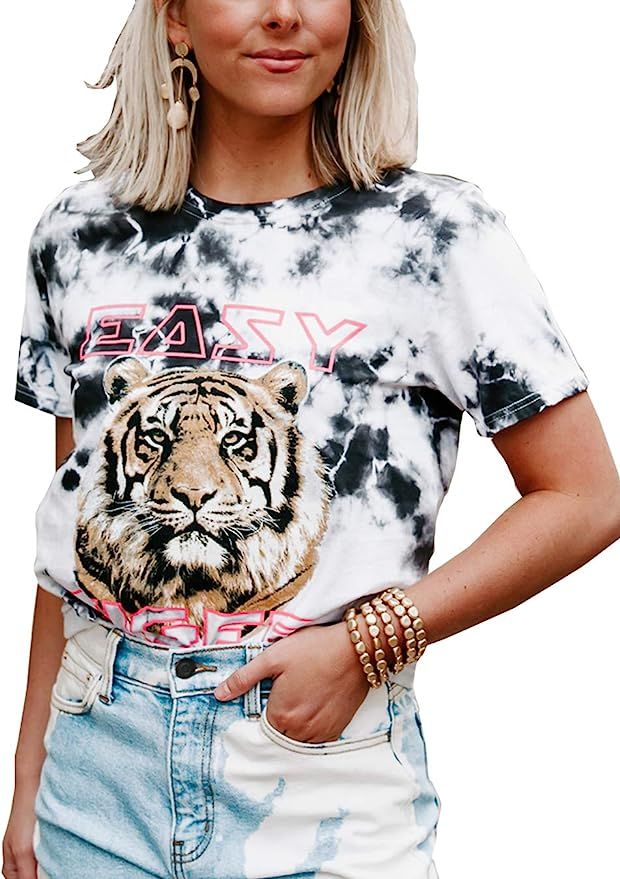 Sofia's Choice Women Tiger Tee Shirt Short Sleeve Tie dye Graphic Round Neck Casual Cute Top | Amazon (US)