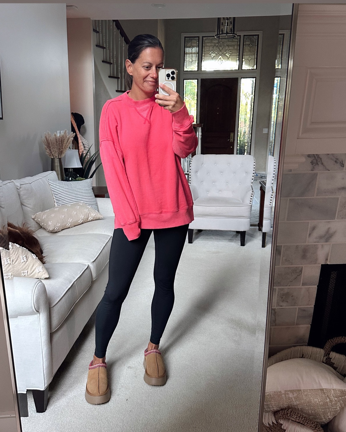 Comfy outfit of the day - aerie sweatshirt (size down!), amazon leggings (true to size), amazon ugg inspired slippers (size up)



#LTKOver40 #LTKActive #LTKFindsUnder50