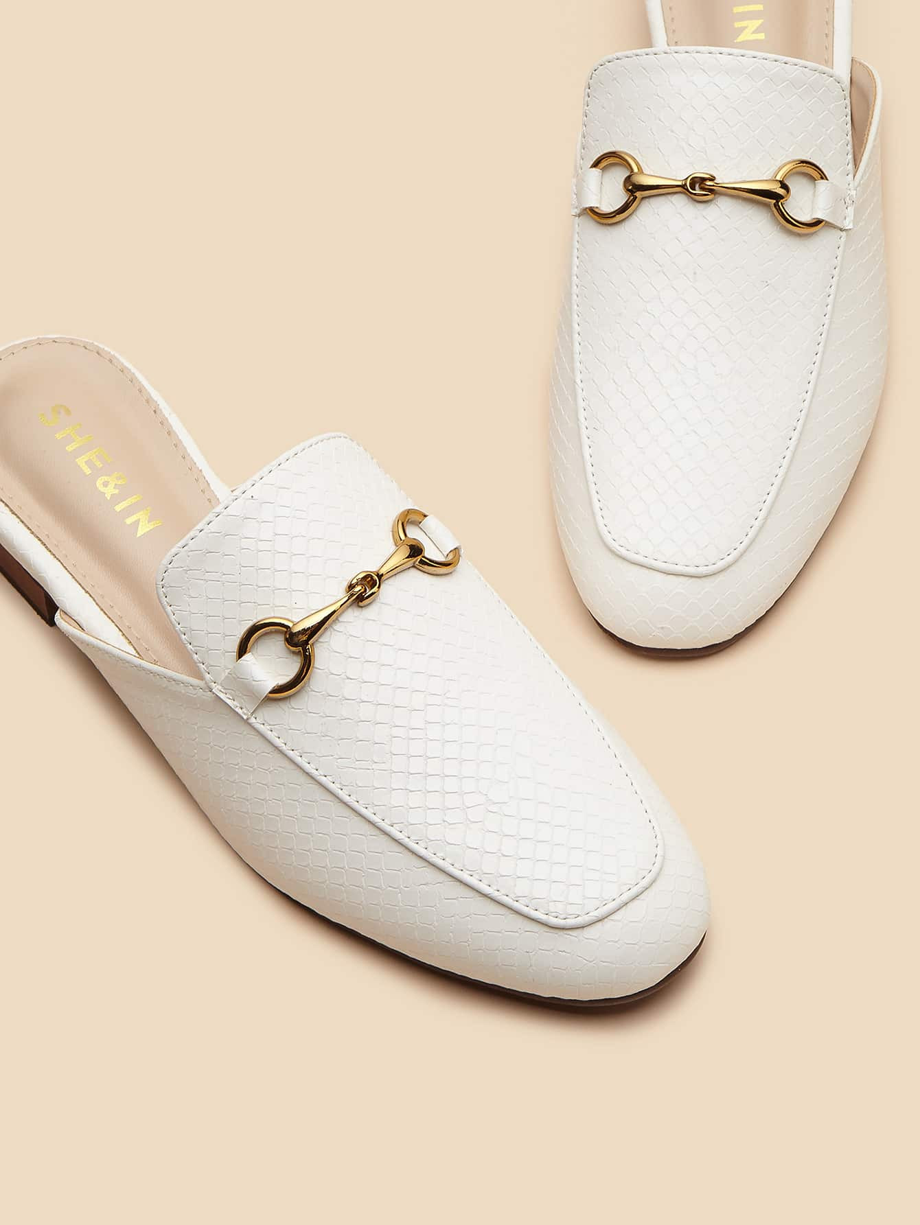 Metal Decor Snakeskin Flat Mules | SHEIN
