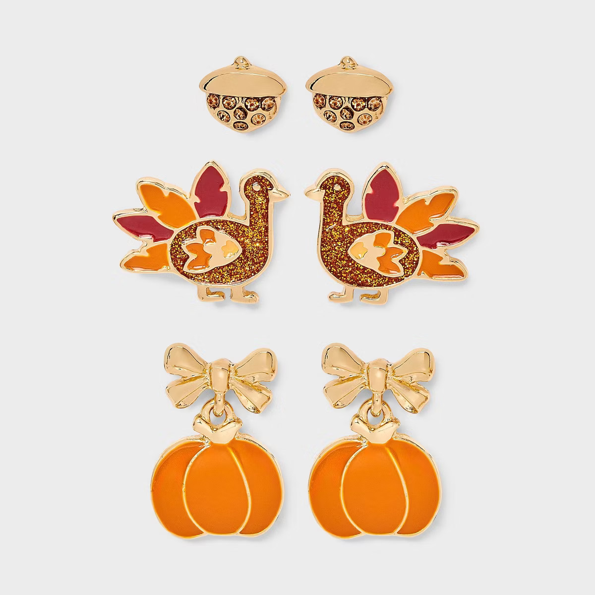 Thanksgiving Turkey Pumpkin and Acorn Stud Earring Set 3pc - Orange/Gold/Brown | Target