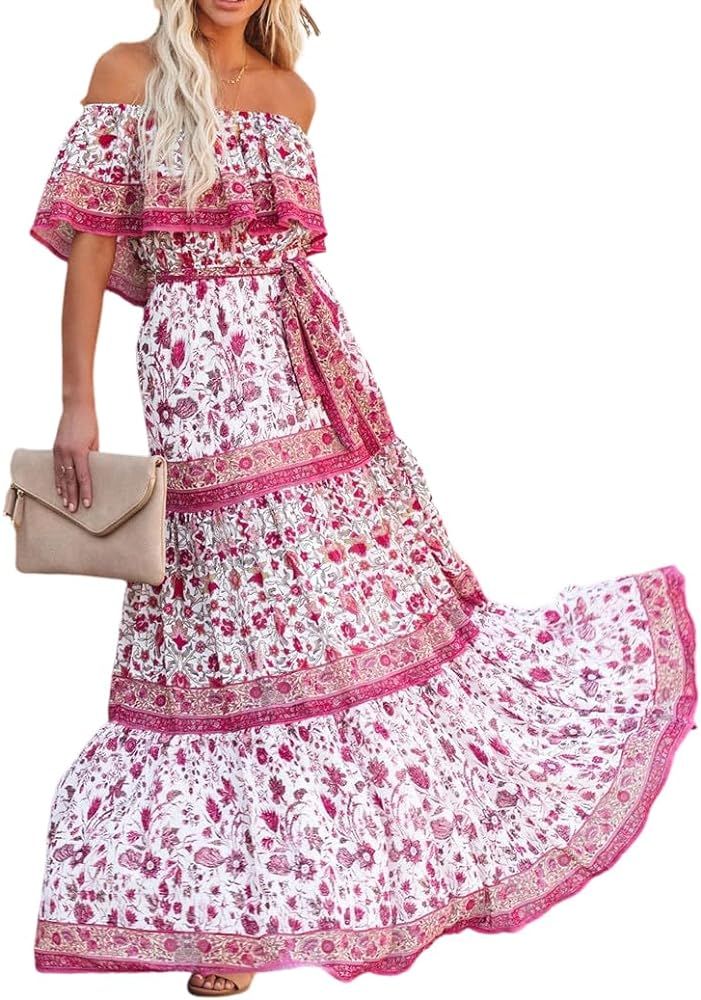 Womens Off Shoulder Boho Floral Maxi Dress 2024 Belted Cinched Waist A-line Dresses Summer Vacati... | Amazon (US)