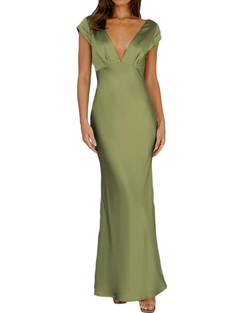 Halfisland Womens Summer Satin V Neck Cap Sleeve Backless Maxi Dress Elegant Twist Cut Out Midi D... | Amazon (US)