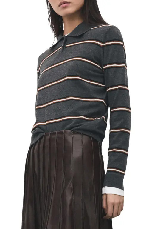 MANGO Stripe Sweater Polo in Medium Heather Grey at Nordstrom | Nordstrom