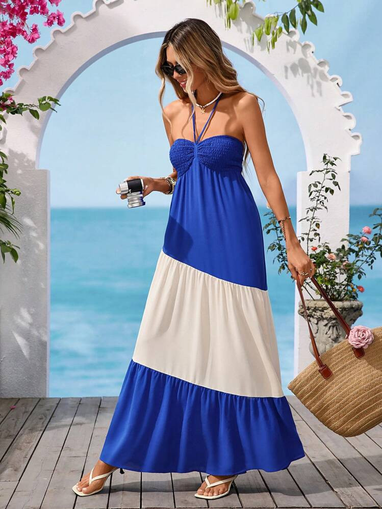 Vivid Eden 4Th Of July Women's Summer Vacation Two Tone Tie Front Bandeau Extra Long Dress,Casual Vacation Style,Summer Dresses For Women, Beach Outfits For Women,Vacation Outfits, Women Summer Clothing,Women Sun Dress | SHEIN