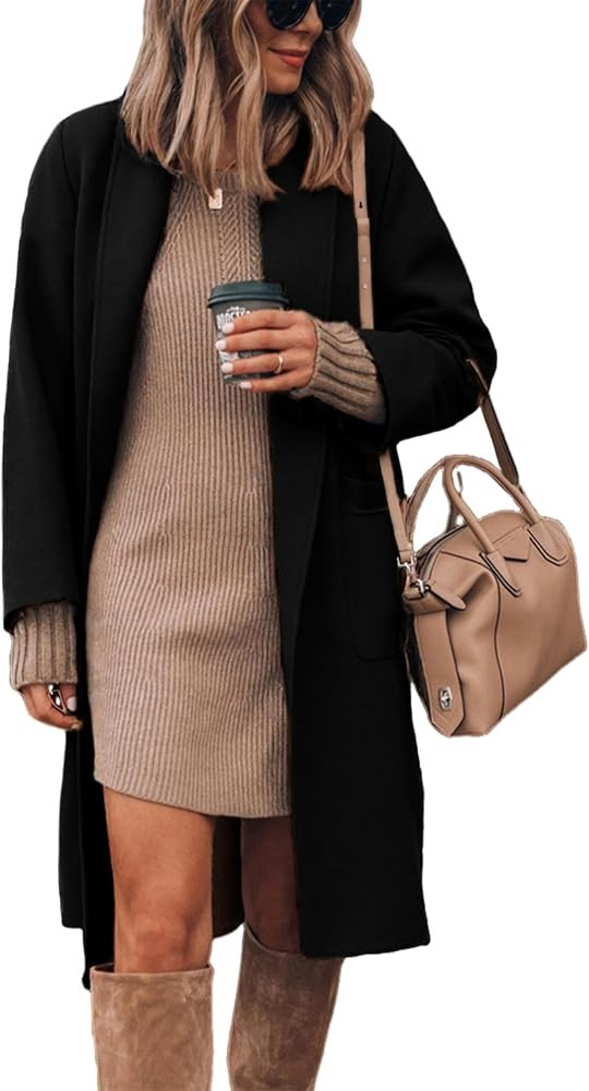 Hooever Women's Open Front Knit Cardigan Long Lapel Coatigan Sweater Loose Jacket Outwear Fall Co... | Amazon (US)