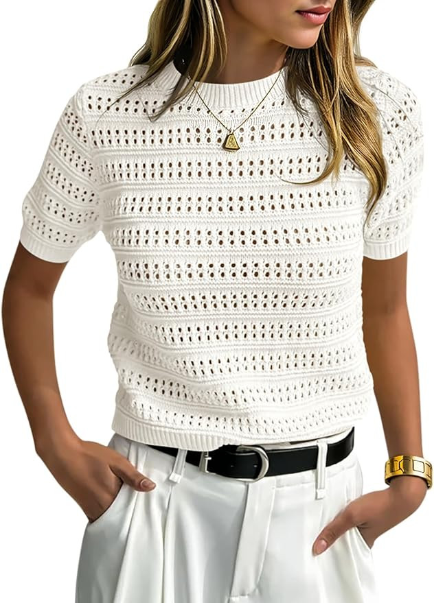 Saodimallsu Womens Short Sleeve Crochet Sweaters Crew Neck Loose Casual Knit Summer Boho Pullover... | Amazon (US)
