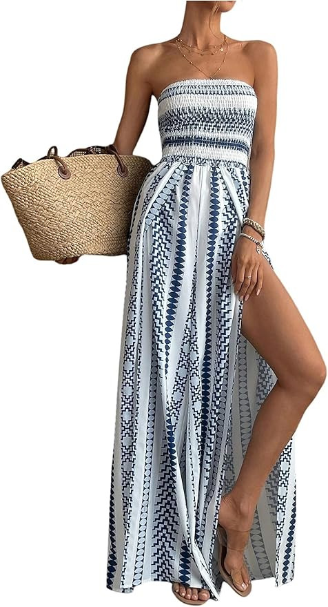 SOLY HUX Women's Boho Printed Tube Top Romper Strapless High Split Wide Leg Vacation Jumpsuits | Amazon (US)