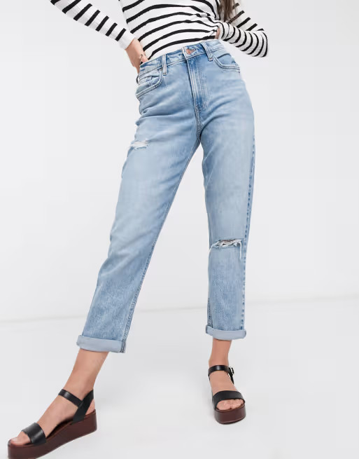 New Look mom jeans with rips in light blue | ASOS (Global)