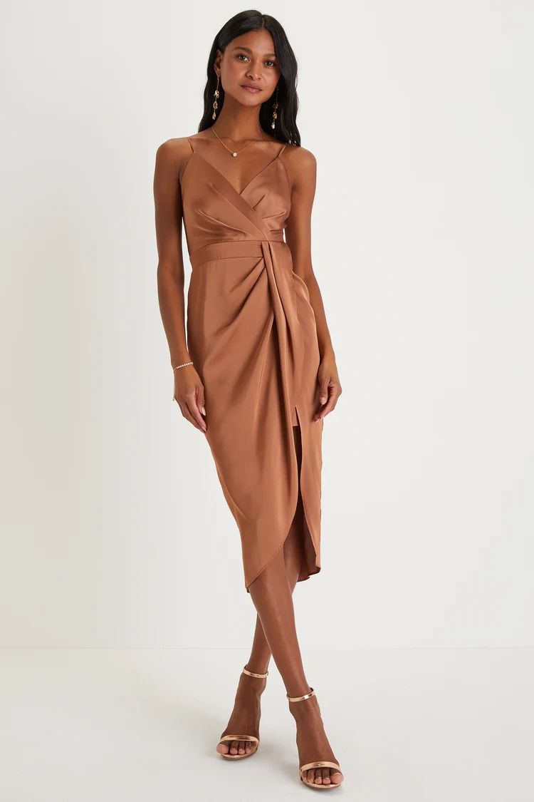 Fabulous Affair Bronze Satin Surplice Tulip Midi Dress | Lulus