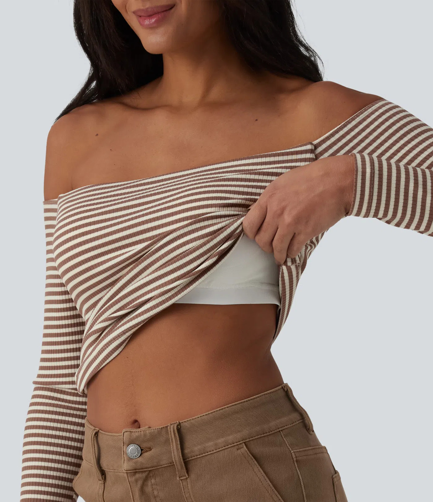 Women’s Ribbed Knit Off Shoulder Long Sleeve Stripe Built-in Bra Casual Top - Halara | HALARA