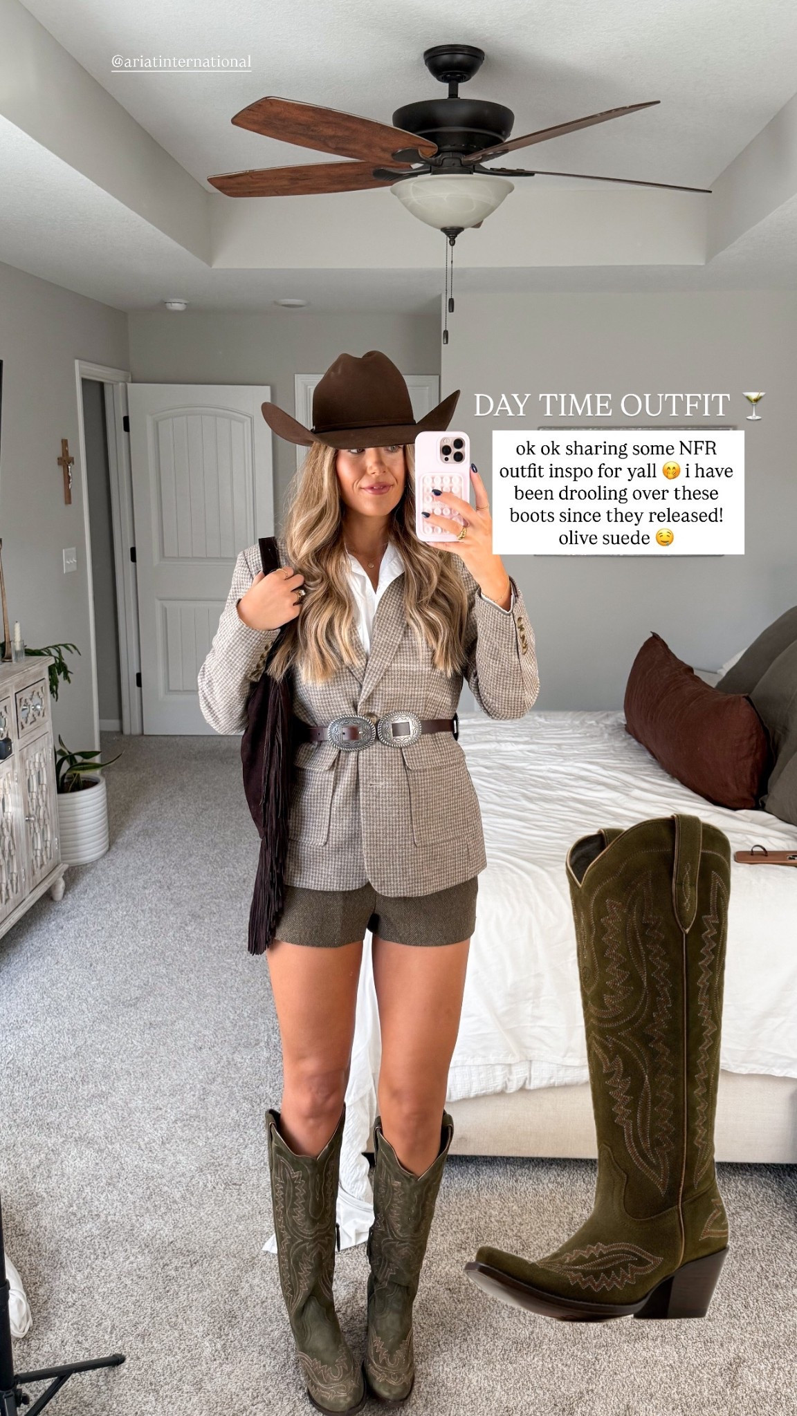 NFR outfit! western outfit inspo
size small in blazer , size small in shorts, button up is old but i found similar! size xs/s in belt 

#LTKCyberWeek #LTKHoliday #LTKootd