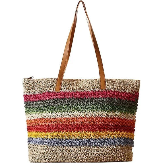 NCY Straw Rainbow Handbags Women’s Cotton Crochet Hand-Woven Tote Bag Top Handle Casual Shoulde... | Walmart (US)