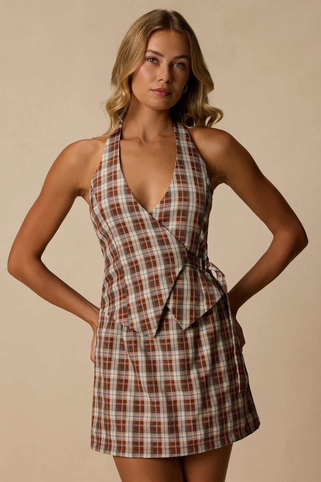 Lexi Brown Multi Plaid Surplice Mini Dress | Lulus