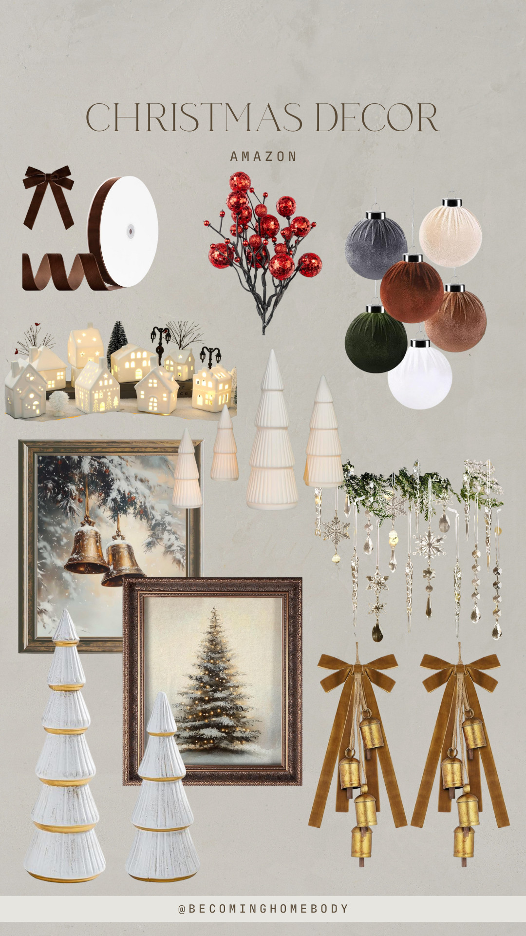 Christmas home decor, neutral Christmas decorations, Amazon Christmas finds, cozy holiday decor, Christmas aesthetic, modern Christmas decor, gold Christmas bells, ceramic Christmas houses, velvet ornaments, red berry stems, neutral holiday style, warm Christmas tones, organic modern Christmas, white ceramic trees, Christmas wall art, Amazon holiday finds, Christmas ribbon decor, timeless Christmas decor, cozy home for the holidays. 

 #LTKHoliday #LTKSeasonal #LTKHome