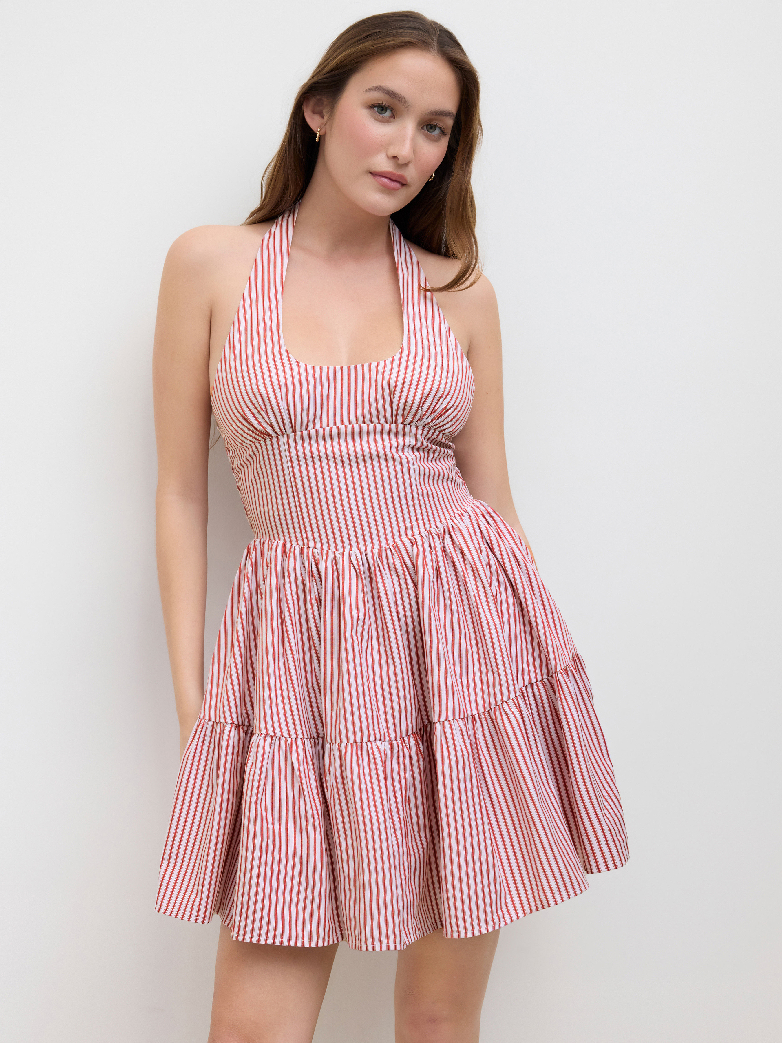 Woven Cotton-blend Halter Neckline Stripe Shirred Ruffle Mini Dress For Daily Casual | Cider