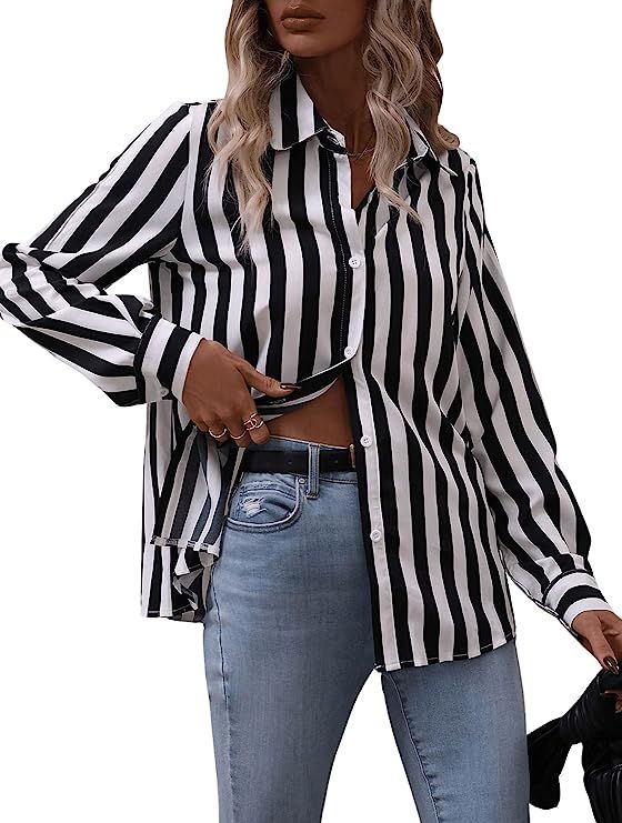 SweatyRocks Women's Casual Long Sleeve Striped Button Front Collared Blouse Shirt | Amazon (US)