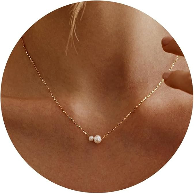 Gold Pearl Necklaces for Women Trendy 14k Gold Plated Dainty Necklace Simple Pearl Drop Single Ch... | Amazon (US)