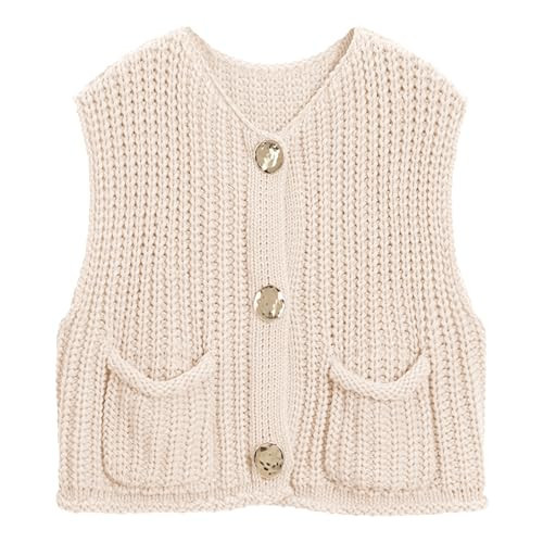 Hixiaohe Womens Crochet Chunky Knit Top Sleeveless Button Down Crop Tops Trendy Cardigan Sweater Vest for Women with Pockets(Beige,S) | Amazon (US)