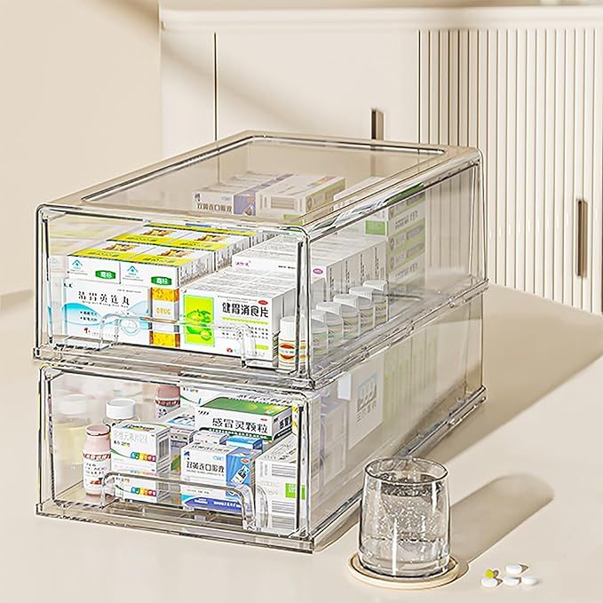 2 Pack - Clear Pulling Medicine Drawer First Aid Storage Box Kit for Bathroom, Cabinet, Closet.Or... | Amazon (US)