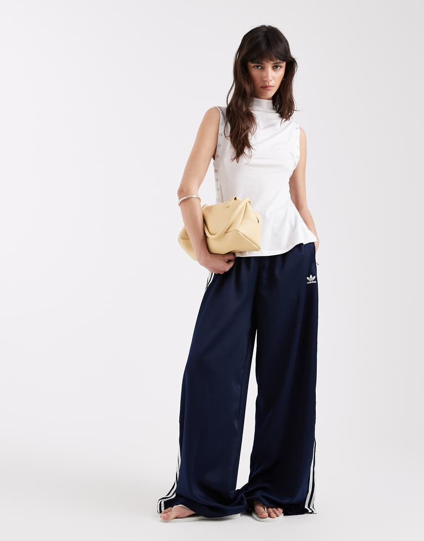 adidas Originals satin wide leg track pants in navy and off white | ASOS (Global)