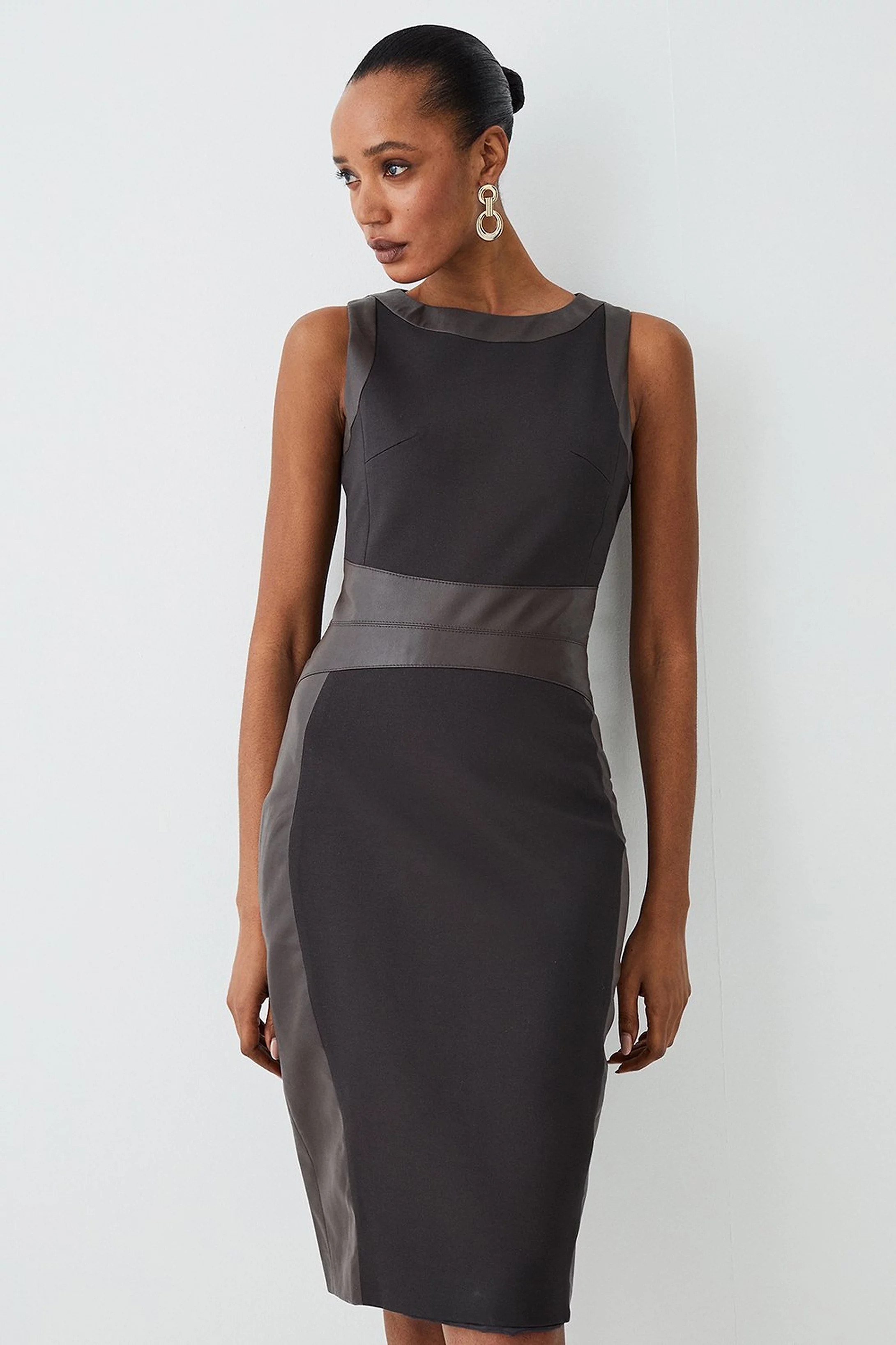 Ponte And Faux Leather Pencil Midi Dress | Karen Millen US