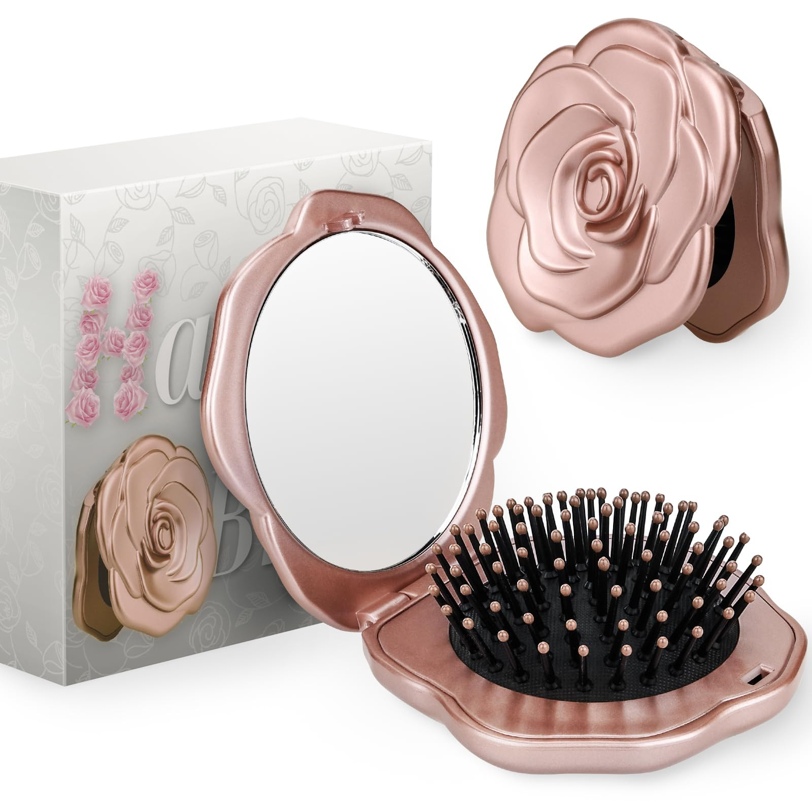 Travel Folding Hair Brush, Roses Mini Pocket Mirror Brush Easy to Carry for Small Spaces Nylon Br... | Amazon (US)