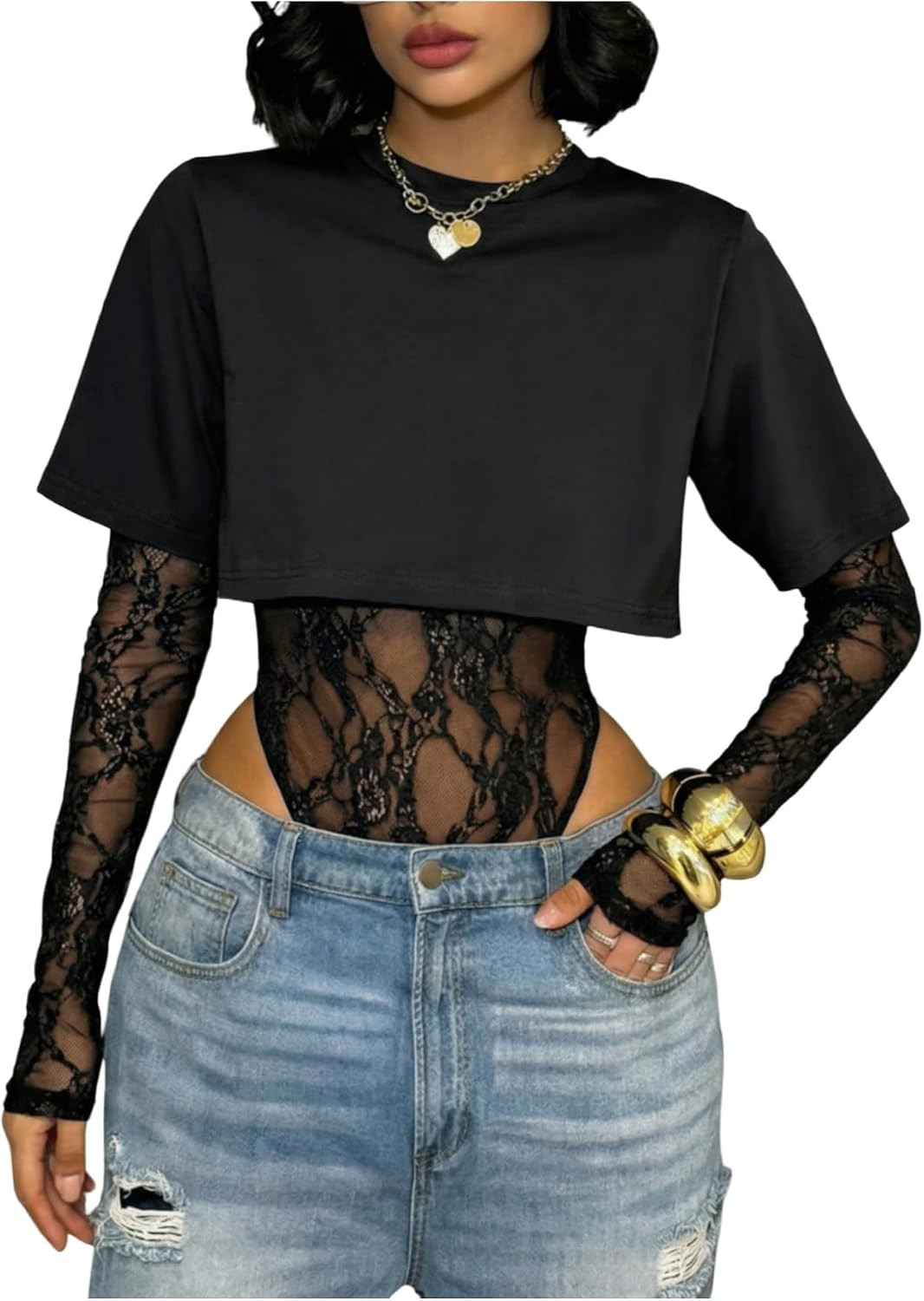 MakeMeChic Women's Lace Bodysuit Long Sleeve Leotards Tee Tops | Amazon (US)