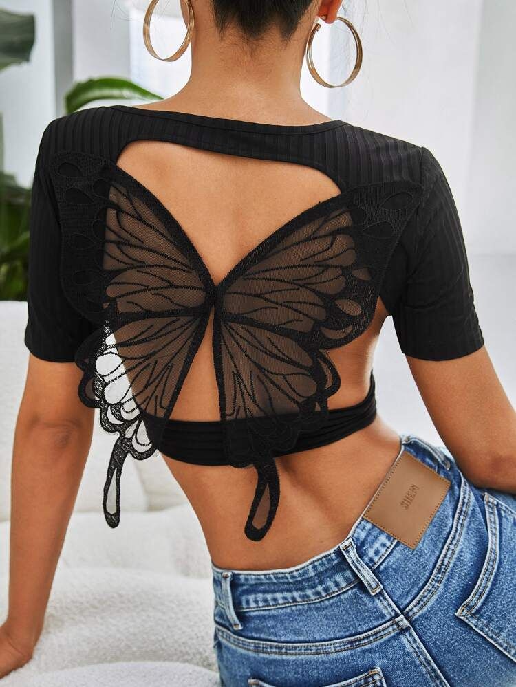 Butterfly Applique Back Crop Tee | SHEIN