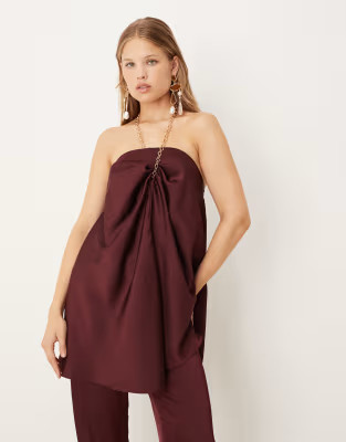 ASOS DESIGN gold chain halter neck satin top in plum - part of a set | ASOS (Global)