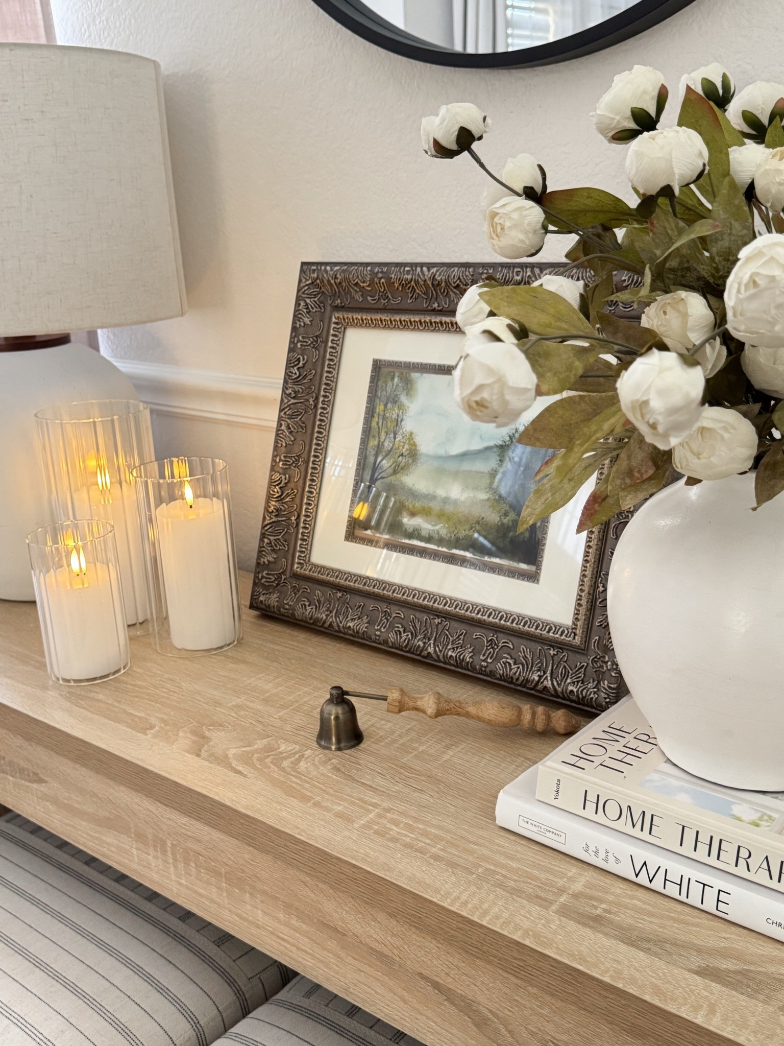 Romantic minimalist entryway/ console table styling! 

Candles, peonies, pottery barn

#LTKFindsUnder100 #LTKHome
