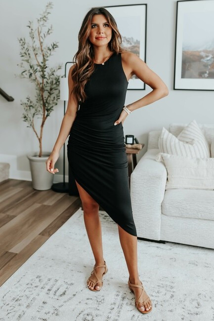 Parker Ruched Side Black Asymmetrical Dress | Magnolia Boutique