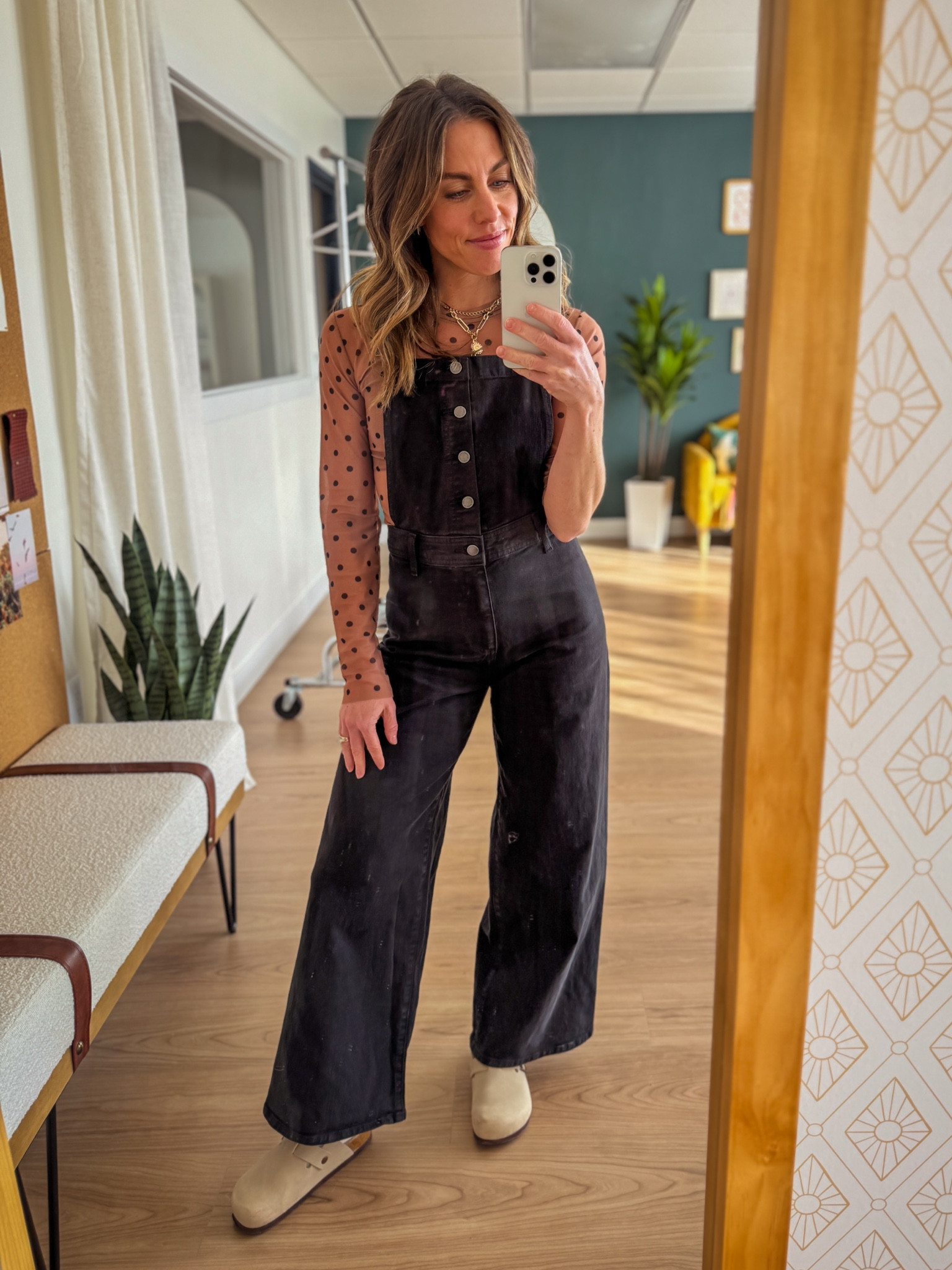 Overalls: size 2 (size up) 
Sheer shirt: my exact color is now sold out, but these two colors are still available.
Clogs fit TTS. 

#LTKOver40 #LTKFindsUnder50 #LTKStyleTip