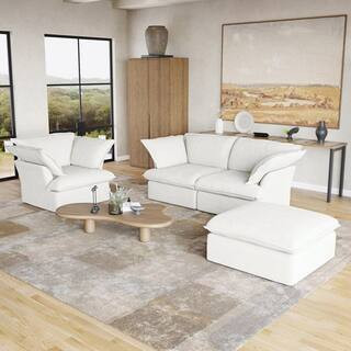 83 in. Square Arm 1-Piece Linen Modular Sectional Sofa in White | The Home Depot