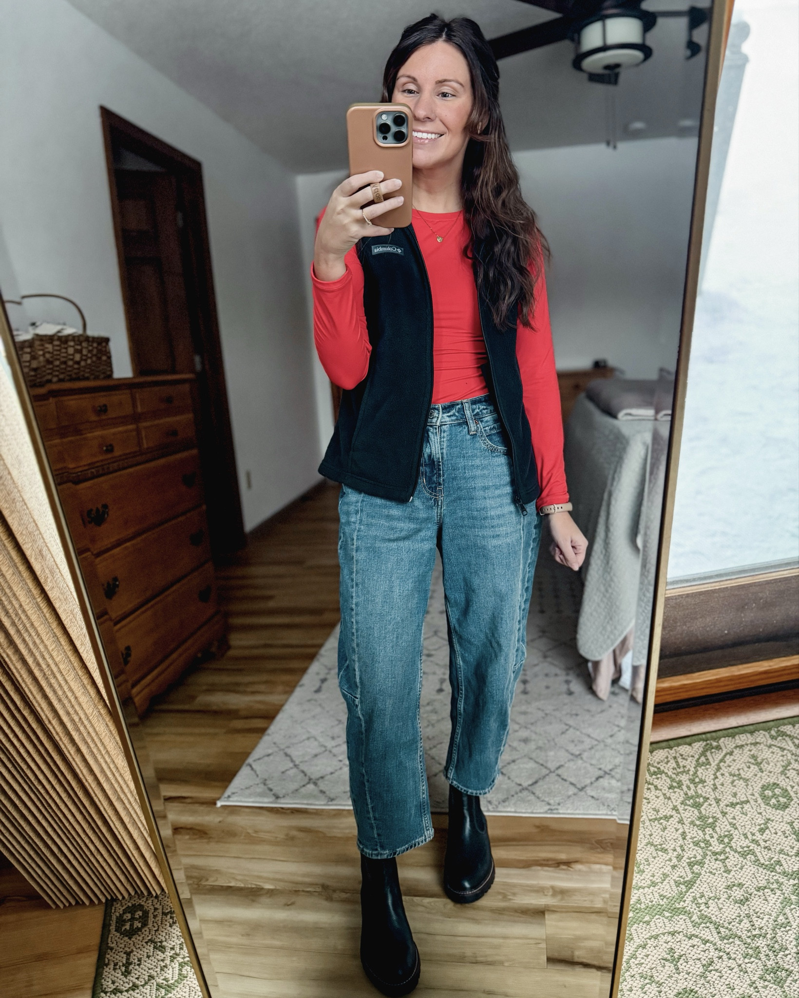 Wearing size small in my red long sleeve, xs petite in my fleece vest, 0 petite in my barrel jeans, and 6.5 in my boots (also linked similar boots).

#LTKgrwm #LTKootd #LTKPetite