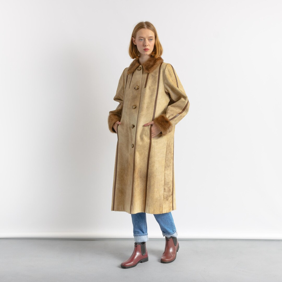 70s Vintage Rare Woman Retro Wool Long Maxi Coat Leather Coat Size M Medium/ Vintage Woman Bovino... | Etsy (US)