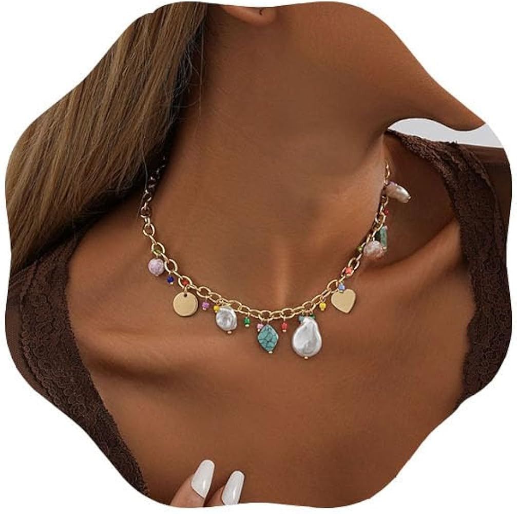 Gold Colorful Beaded Necklace Baroque Pearl Necklace Handmade Aesthetic Choker Trendy Turquoise C... | Amazon (US)