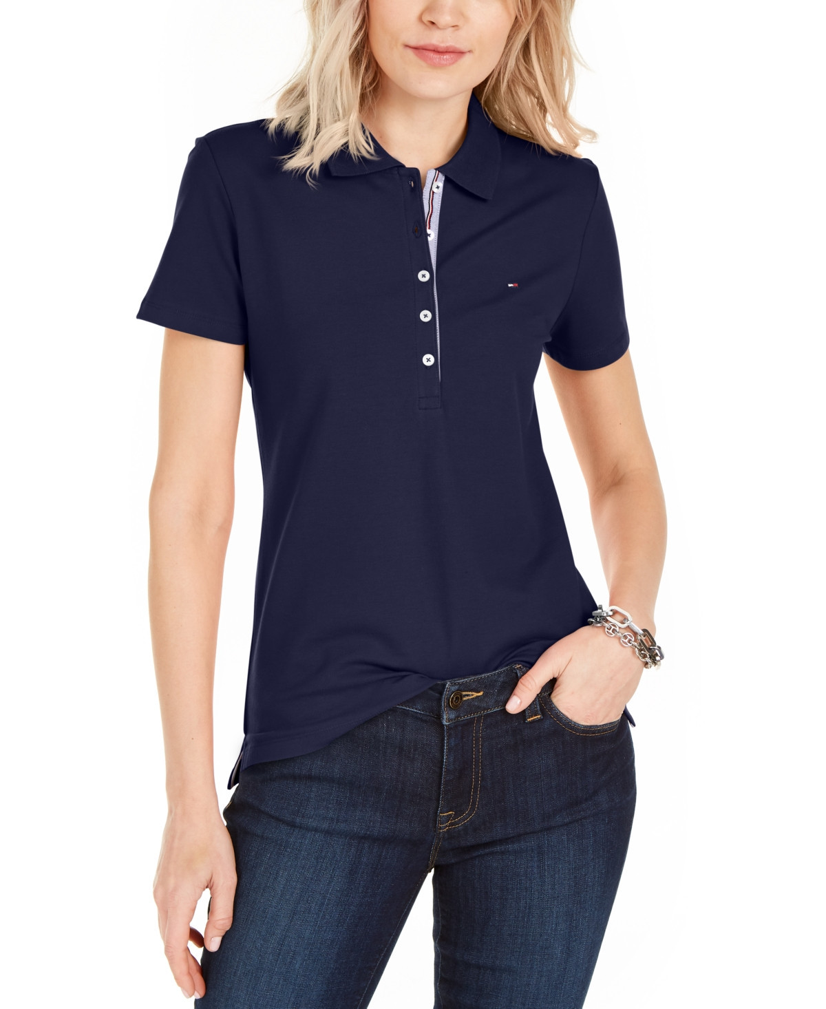 Tommy Hilfiger Women's Solid Short-Sleeve Polo Top - Navy | Macy's