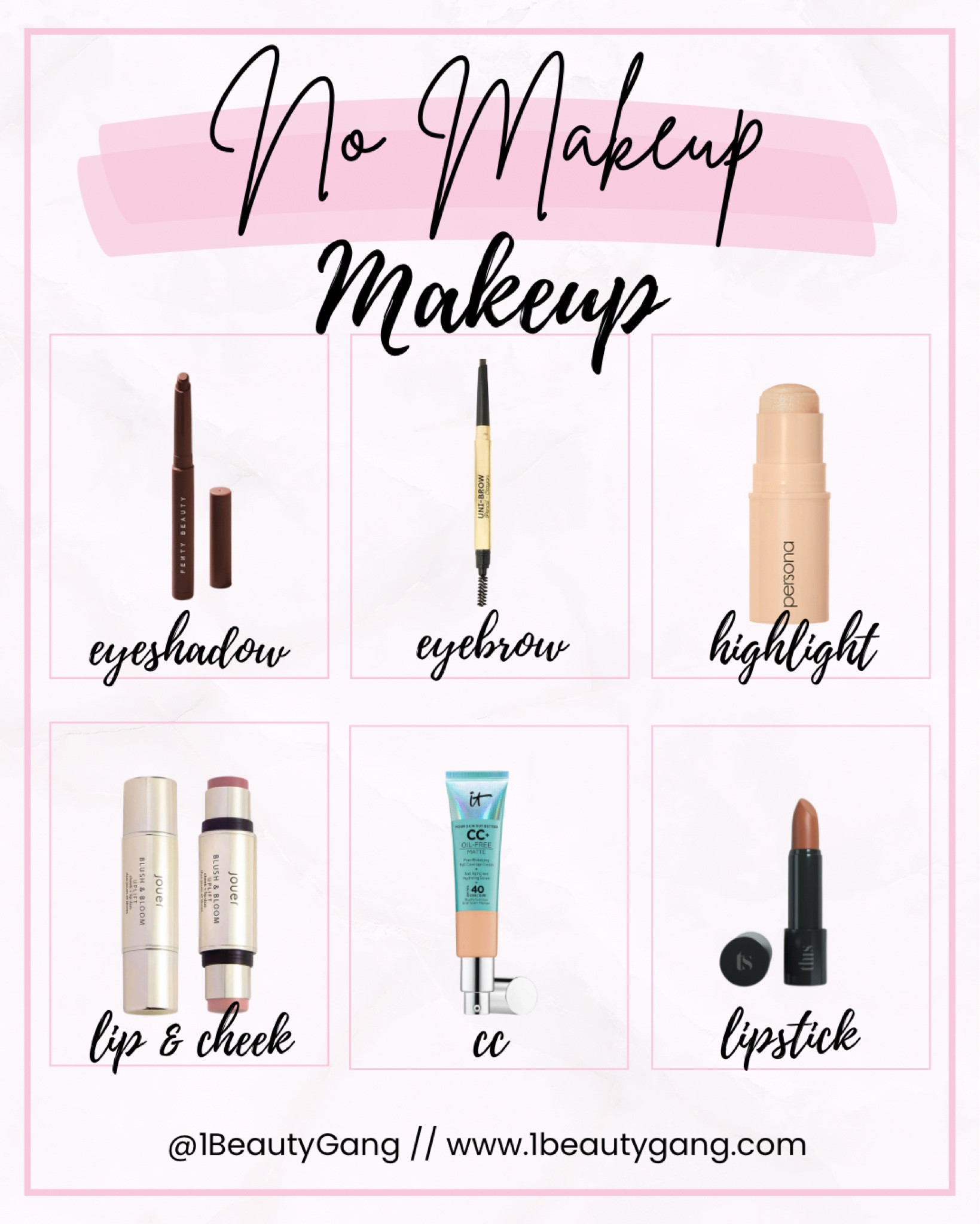 1. Fenty Beauty Shadowstix Longwear Eyeshadow Stick.
2. Winky Lux Universal Eyebrow Pencil.
3. Persona CosmeticsDreamStick Cream Highlighter.
4. Jouer Cosmetics Blush Bloom Cheek Lip Duo.
5. IT Cosmetics Your Skin But Better CC+ Oil-Free Matte.
6. THIS BeautyAlways On.

#LTKstyletip #LTKbeauty #LTKeurope