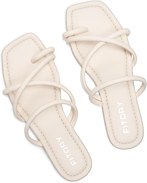 FITORY Women's Slide Sandals Flat Toe Ring Thongs with Cross Strap for Summer Size | Amazon (US)