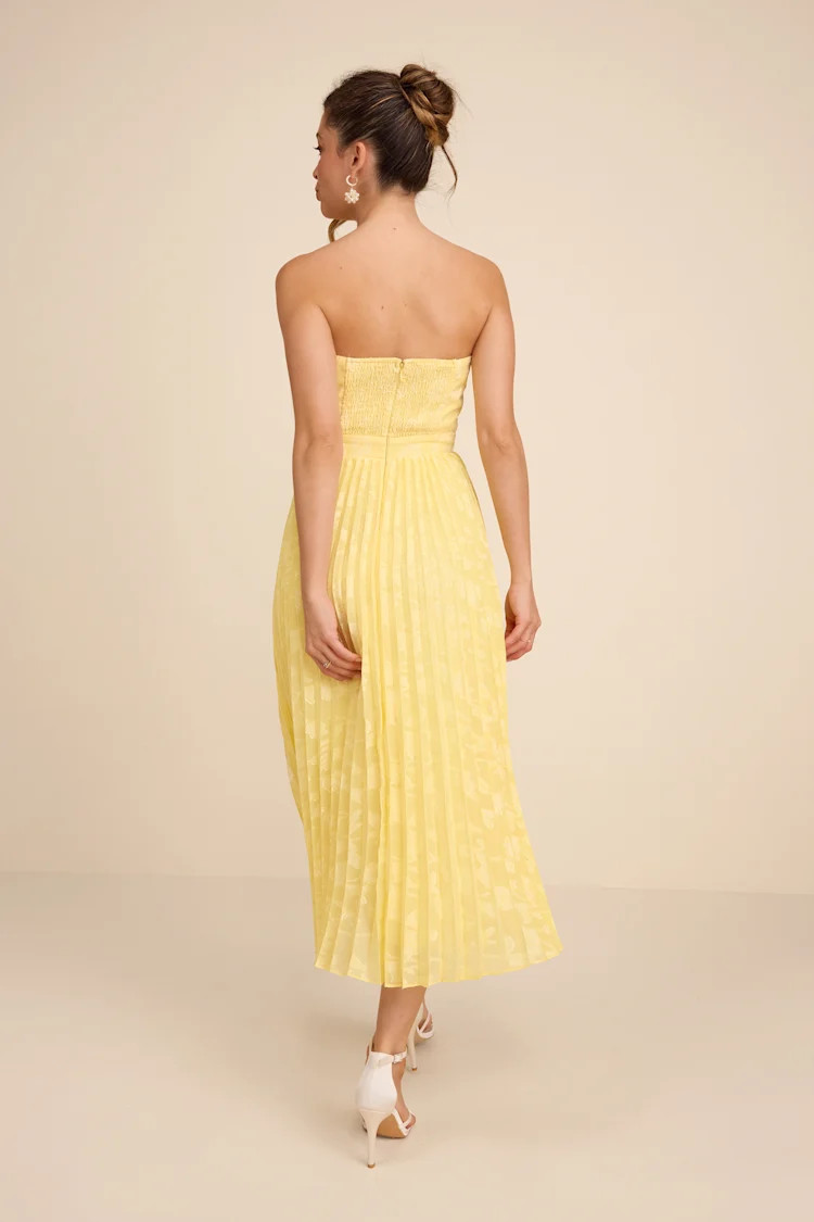 Perfectly Stunning Yellow Jacquard Strapless Midi Dress | Lulus