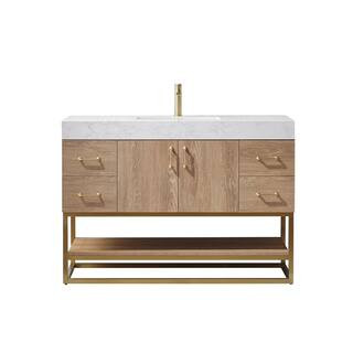 Alistair 48 in. Bath Vanity in North American Oak with Grain Stone Top in White with White Basin | The Home Depot