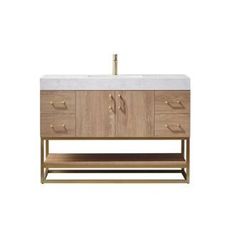 ROSWELL Alistair 48 in. Bath Vanity in North American Oak with Grain Stone Top in White with Whit... | The Home Depot
