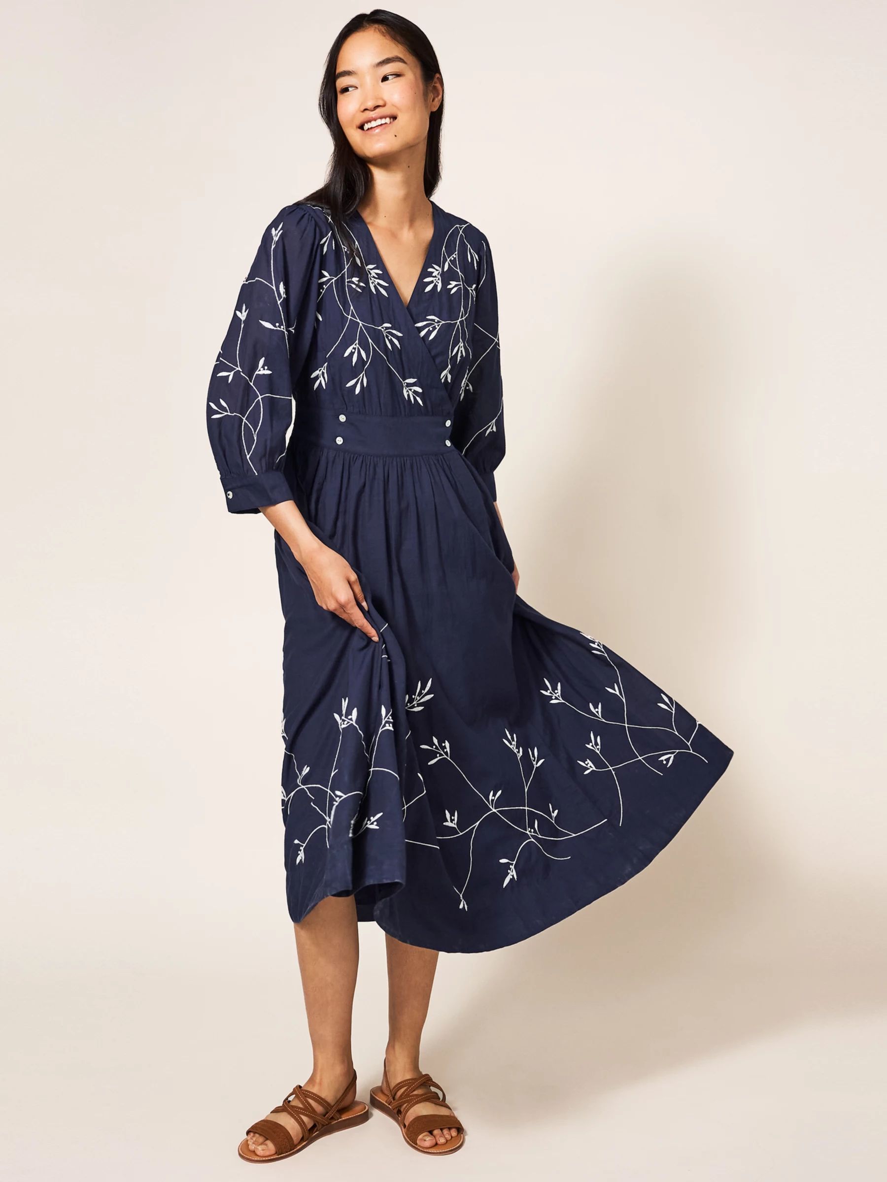 White Stuff Paula Embroidered Midi Wrap Dress, Navy/Multi | John Lewis (UK)