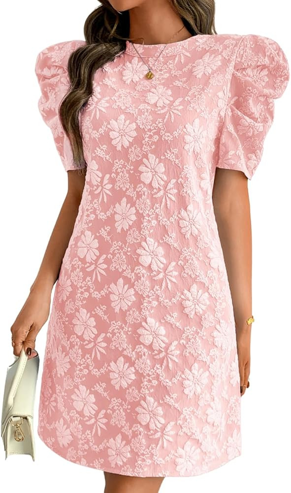 Women's Elegant Floral Jacquard Dress, Puff Sleeve Lightweight Shift Mini Dresses for Summer Casu... | Amazon (US)